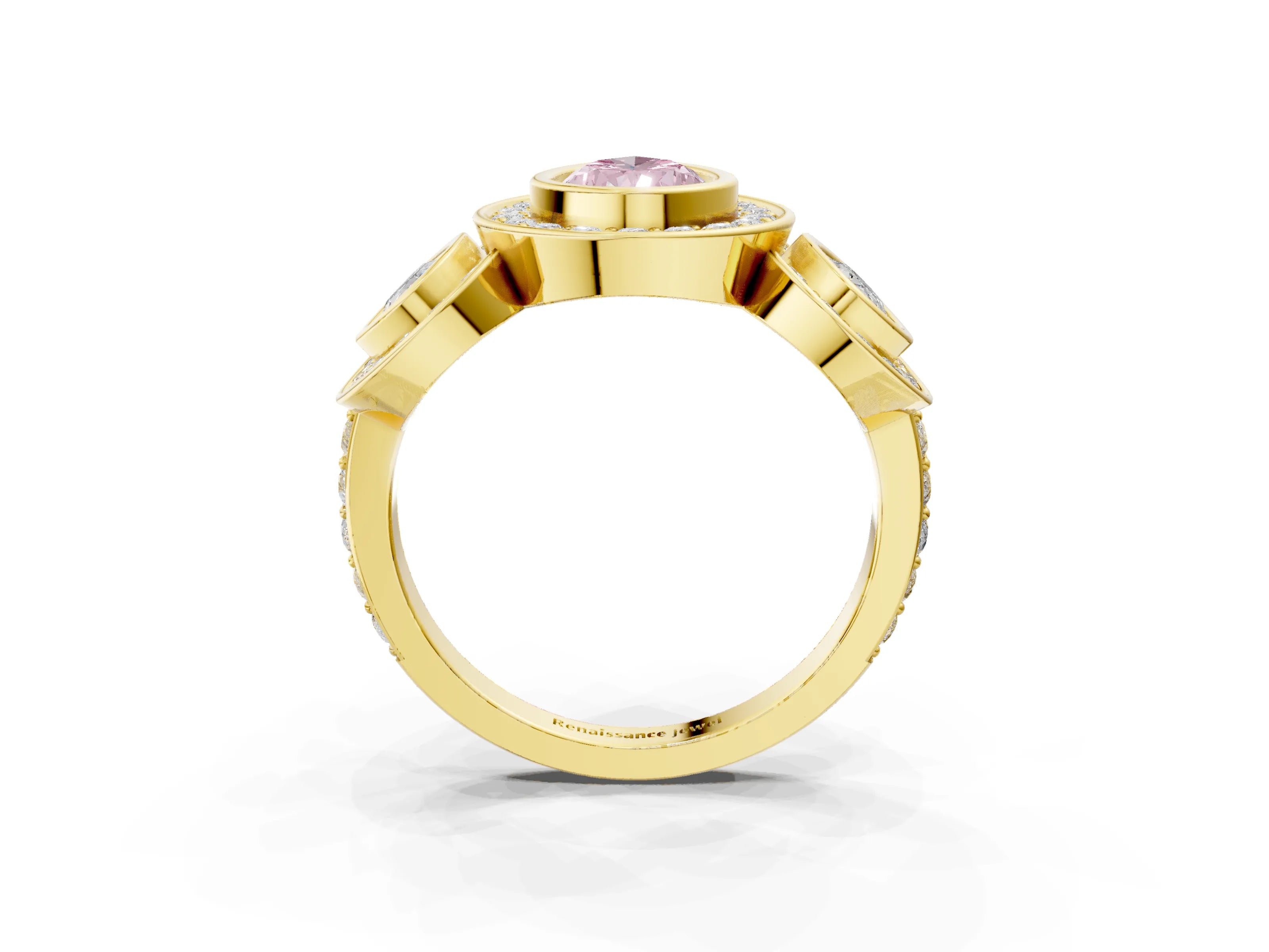 Yellow gold Three-Stone Fancy Pink Pear Cut Halo Pavé Diamond Ring_3