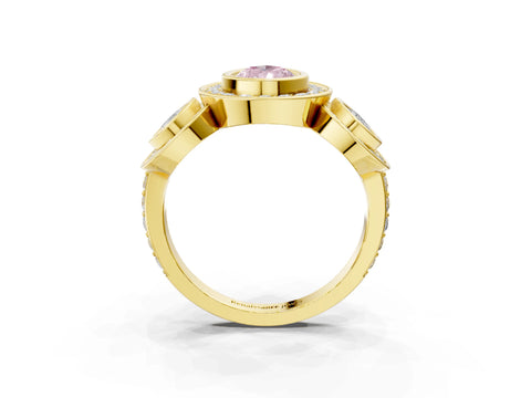 Yellow gold Three-Stone Fancy Pink Pear Cut Halo Pavé Diamond Ring_3