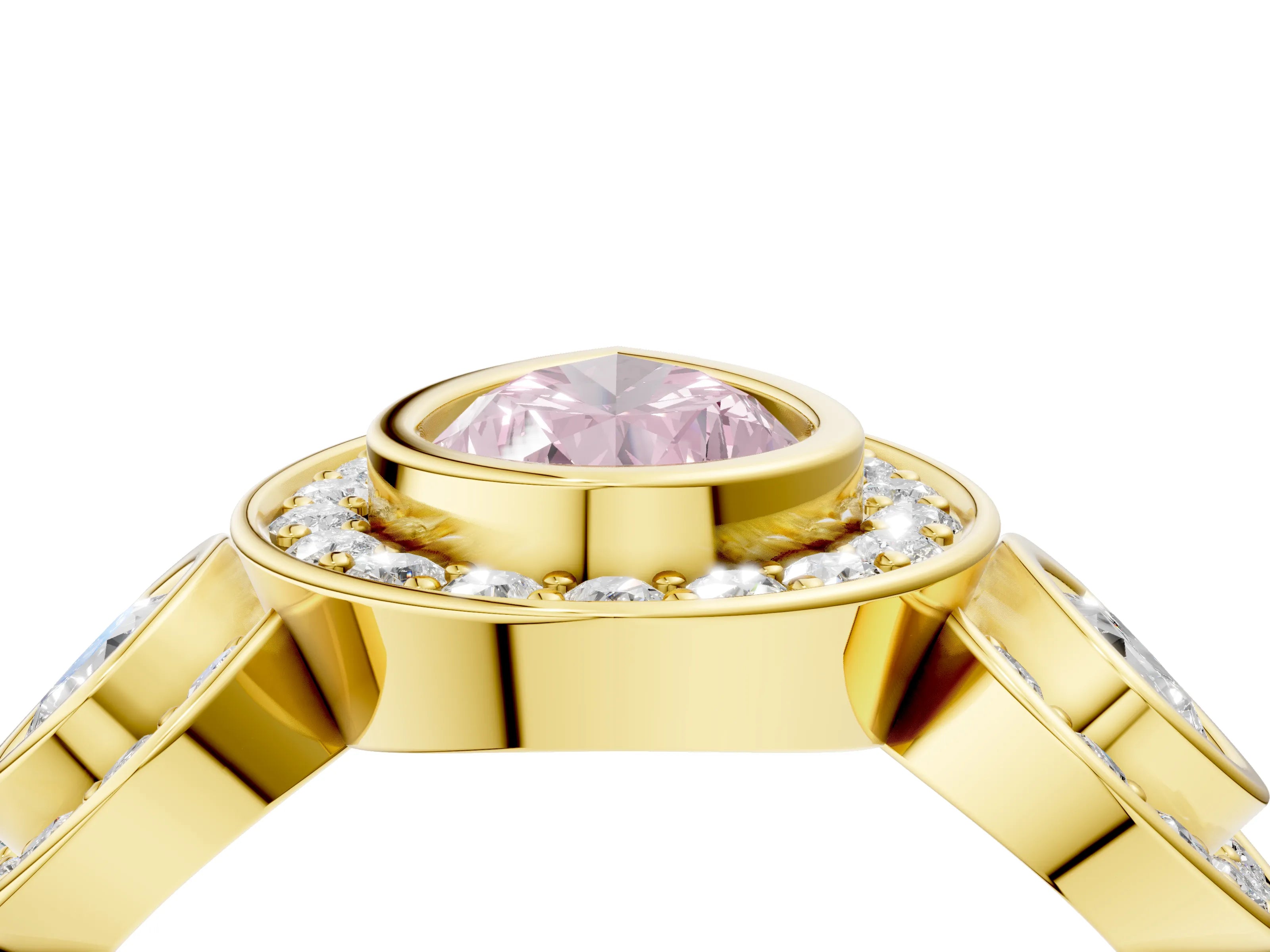 Yellow gold Three-Stone Fancy Pink Pear Cut Halo Pavé Diamond Ring_4