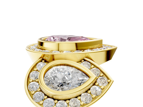 Yellow gold Three-Stone Fancy Pink Pear Cut Halo Pavé Diamond Ring_5