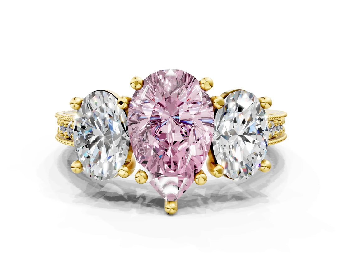 Yellow gold Three-Stone Fancy Pink Pear  Diamond Milgrain Pave Band with Prong Setting 2