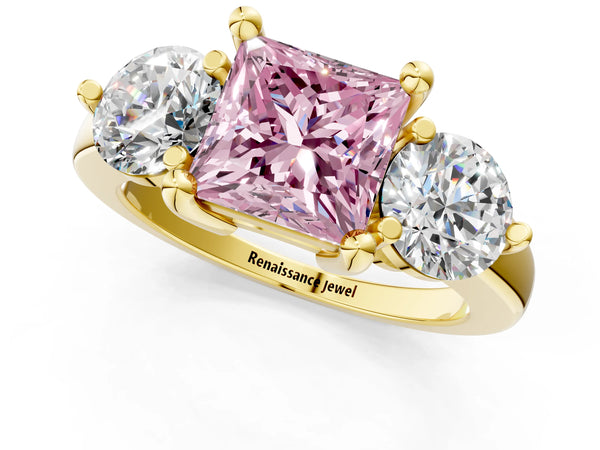 Yellow gold Three-Stone Fancy Pink Princess  Brilliant Cut Solitaire Ring with Prong Setting on a Classic Band