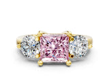 Yellow gold Three-Stone Fancy Pink Princess  Brilliant Cut Solitaire Ring with Prong Setting on a Classic Band