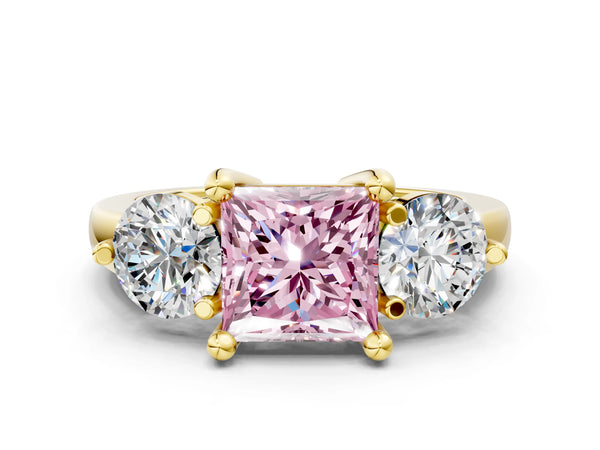 Yellow gold Three-Stone Fancy Pink Princess  Brilliant Cut Solitaire Ring with Prong Setting on a Classic Band