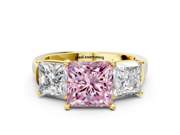 Yellow gold Three-Stone Fancy Pink Princess Cut Brilliant Diamond Trellis Ring with Comfort Fit Band