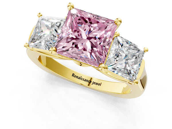 Yellow gold Three-Stone Fancy Pink Princess Cut Brilliant Diamond Trellis Ring with Comfort Fit Band
