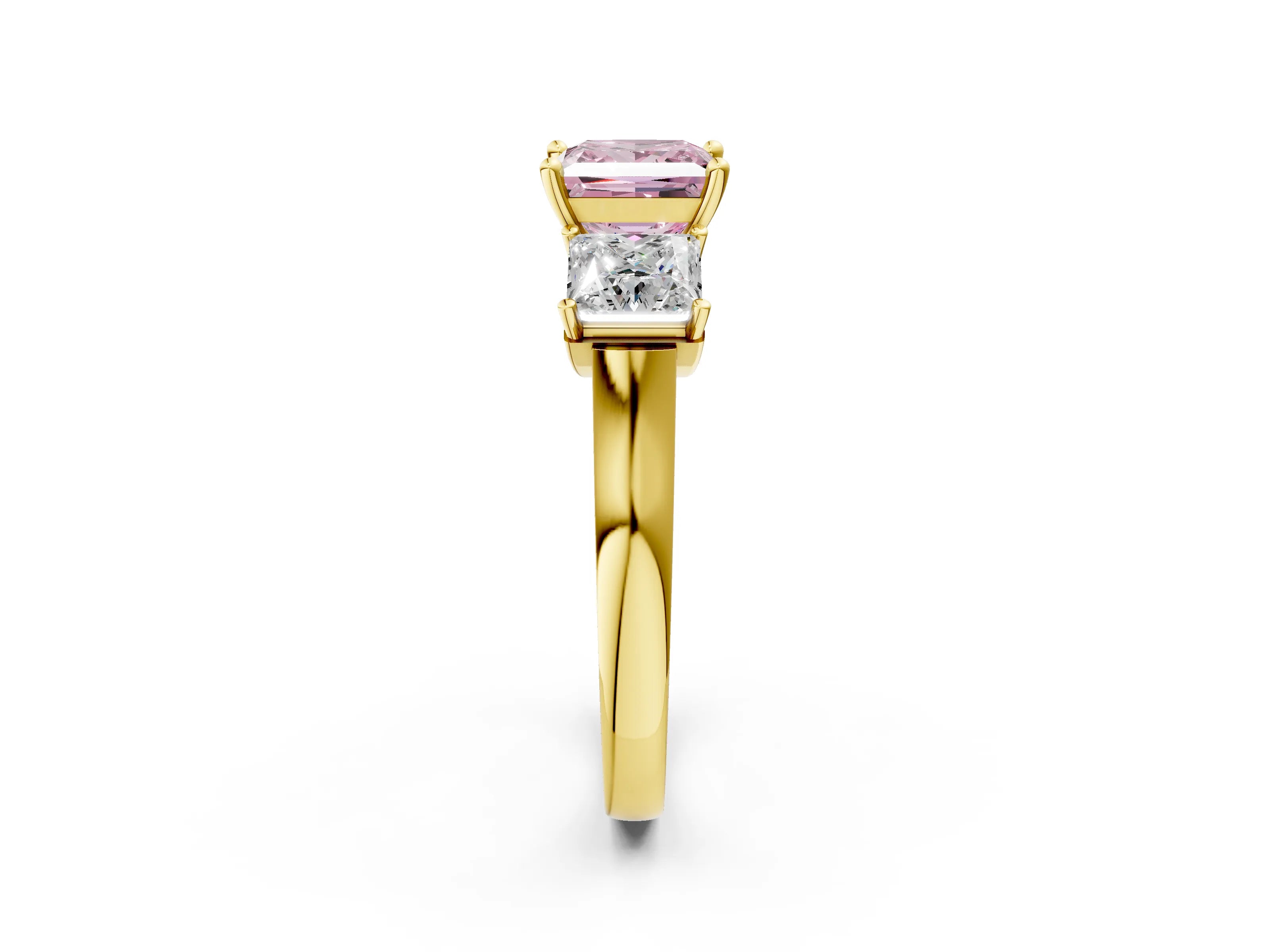 Yellow gold Three-Stone Fancy Pink Princess Cut Brilliant Diamond Trellis Ring with Comfort Fit Band_2