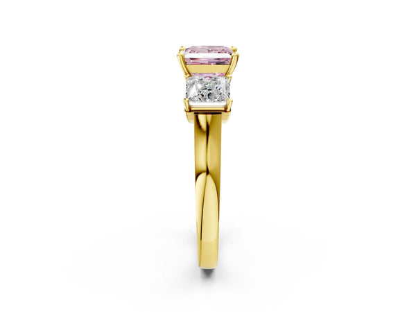 Yellow gold Three-Stone Fancy Pink Princess Cut Brilliant Diamond Trellis Ring with Comfort Fit Band