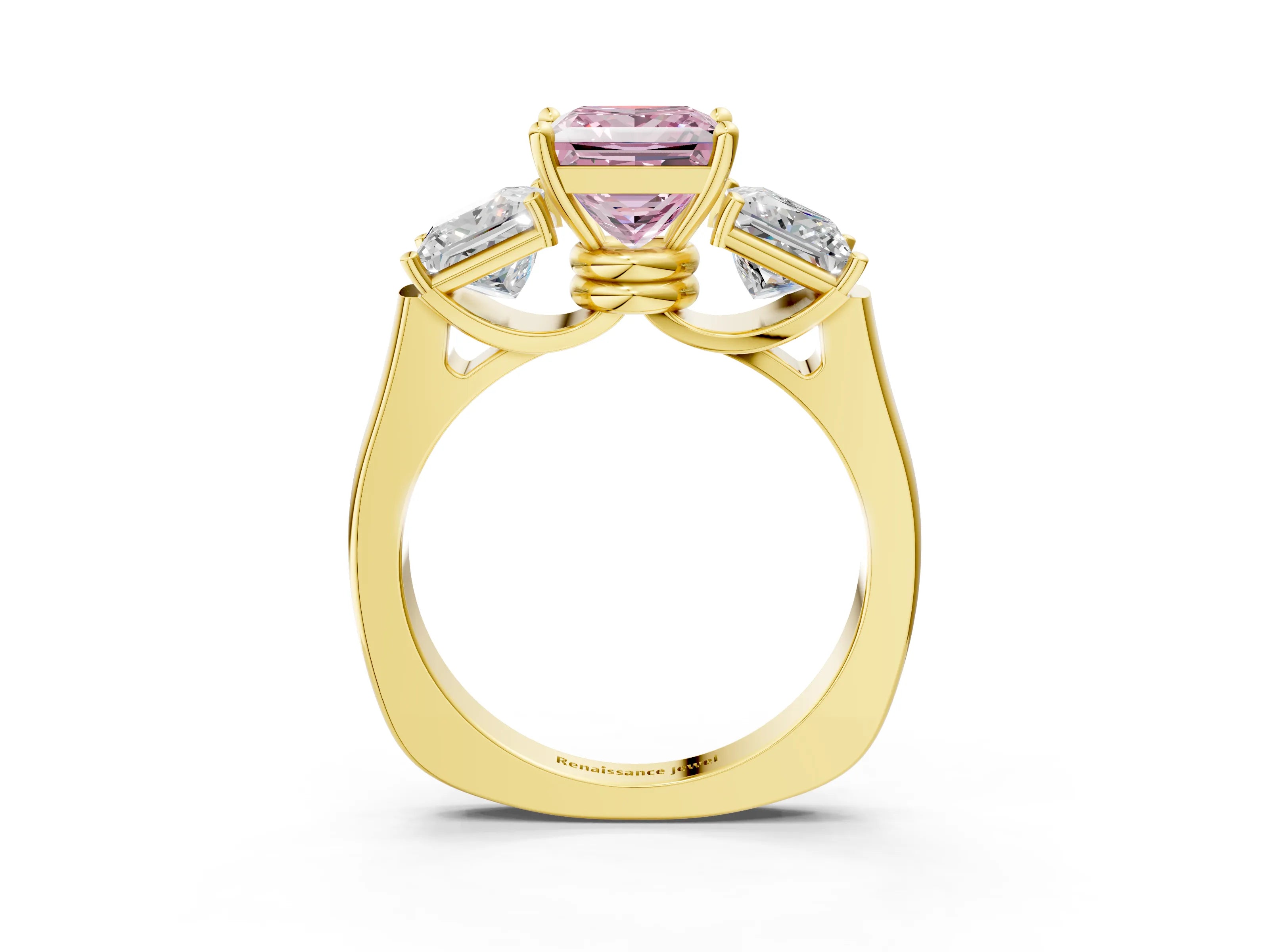 Yellow gold Three-Stone Fancy Pink Princess Cut Brilliant Diamond Trellis Ring with Comfort Fit Band_3