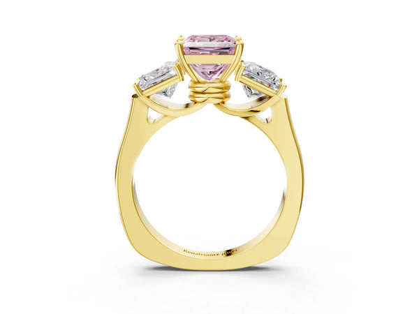 Yellow gold Three-Stone Fancy Pink Princess Cut Brilliant Diamond Trellis Ring with Comfort Fit Band