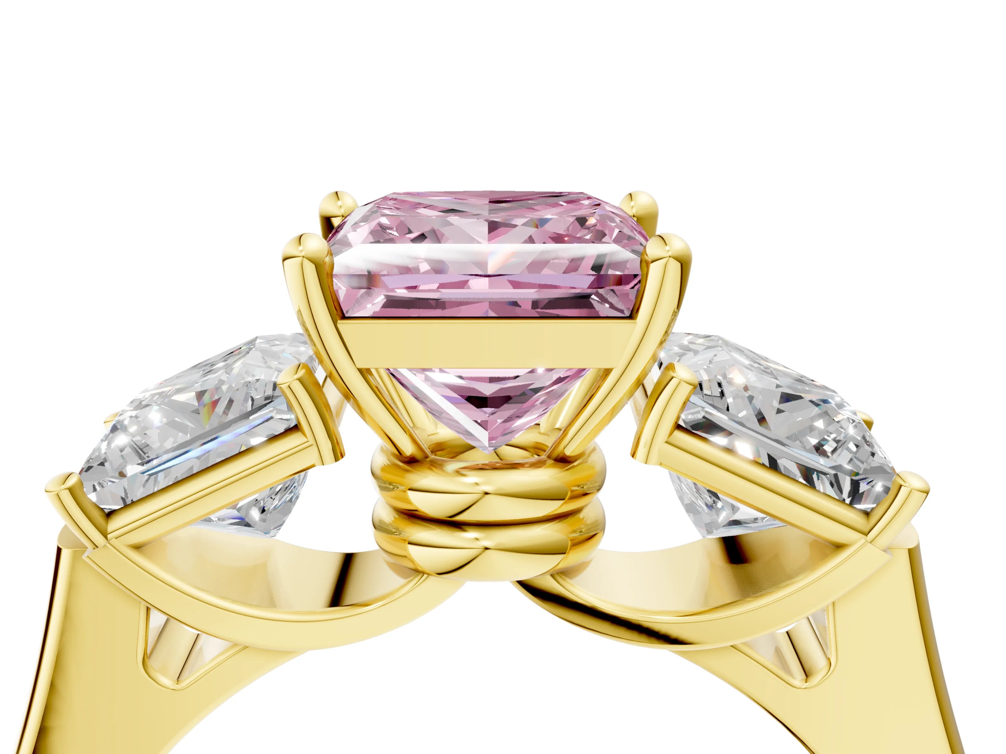 Yellow gold Three-Stone Fancy Pink Princess Cut Brilliant Diamond Trellis Ring with Comfort Fit Band_4