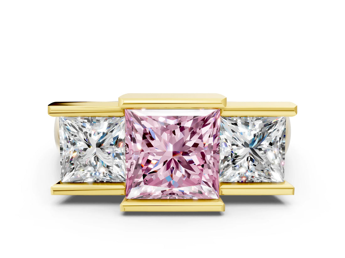 Yellow gold Three Stone Fancy Pink Princess Cut Cut Channel Set Diamond Ring