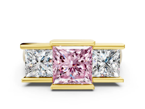 Yellow gold Three Stone Fancy Pink Princess Cut Cut Channel Set Diamond Ring