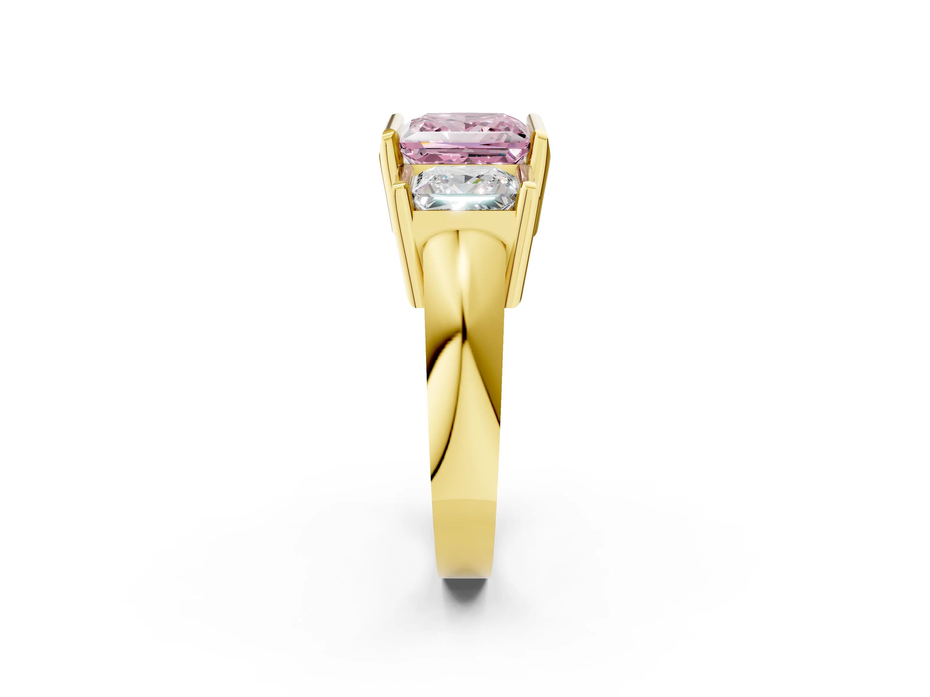 Yellow gold Three Stone Fancy Pink Princess Cut Cut Channel Set Diamond Ring_2