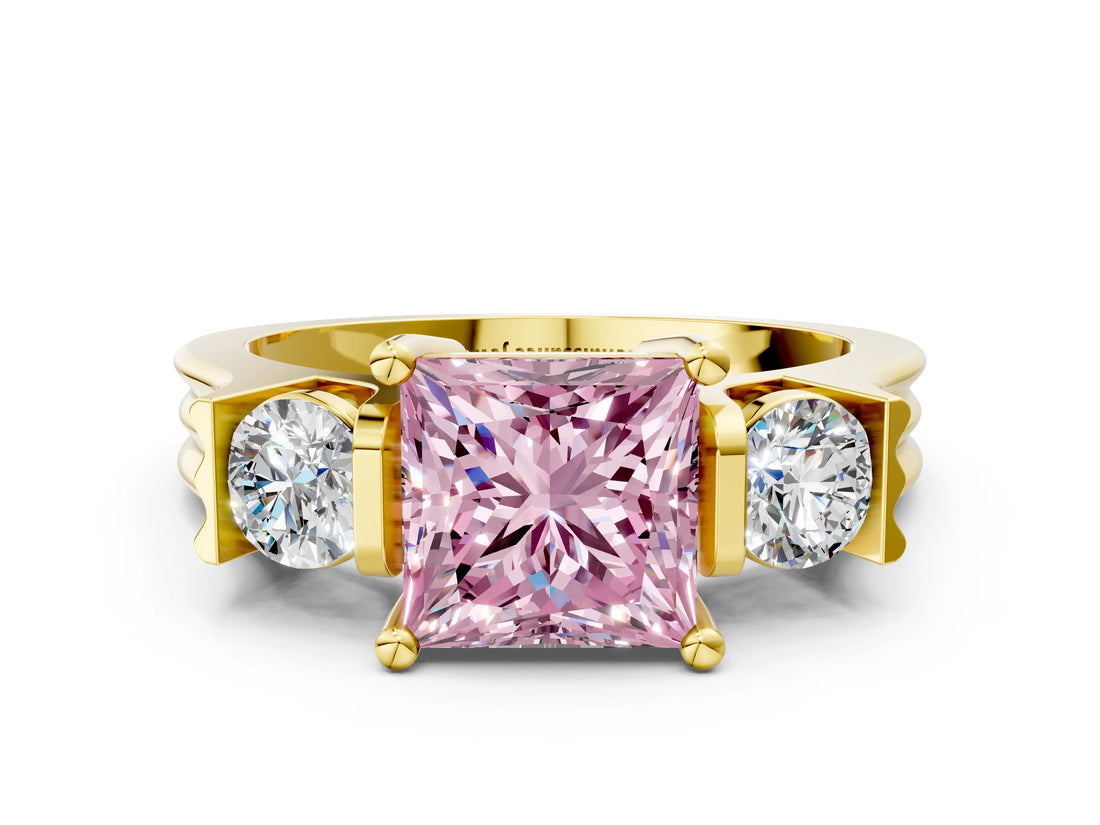 Yellow gold Three-Stone Fancy Pink Princess Cut Cut Classic Band Prong Setting Ring