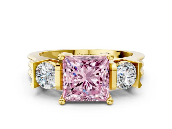 Yellow gold Three-Stone Fancy Pink Princess Cut Classic Band Prong Setting Ring
