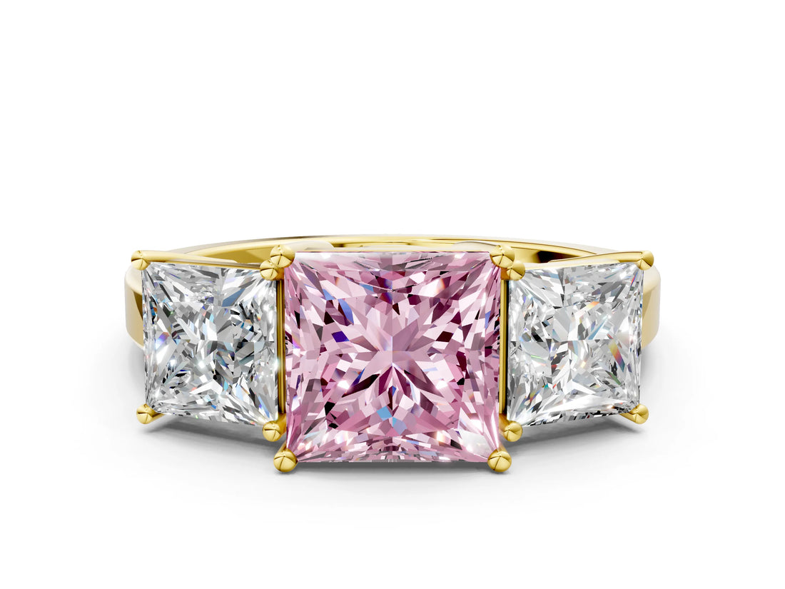 Yellow gold Three-Stone Fancy Pink Princess Cut Cut Diamond Engagement Ring with Flat Band and Four-Prong Setting_12