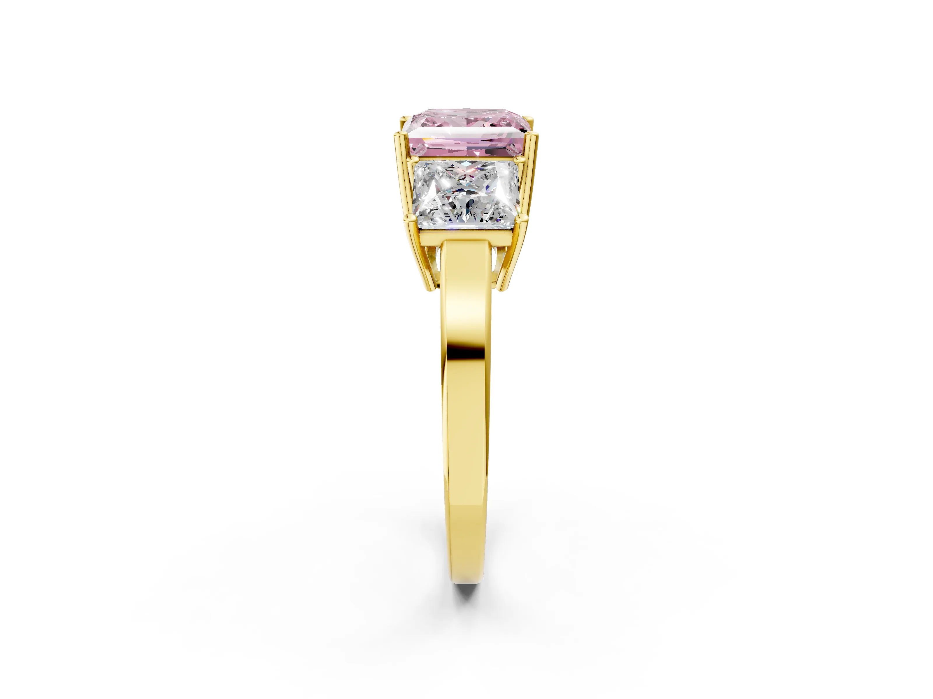 Yellow gold Three-Stone Fancy Pink Princess Cut Cut Diamond Engagement Ring with Flat Band and Four-Prong Setting_14