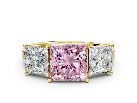 Yellow gold Three-Stone Fancy Pink Princess Cut Cut Diamond Engagement Ring with Flat Band and Four-Prong Setting