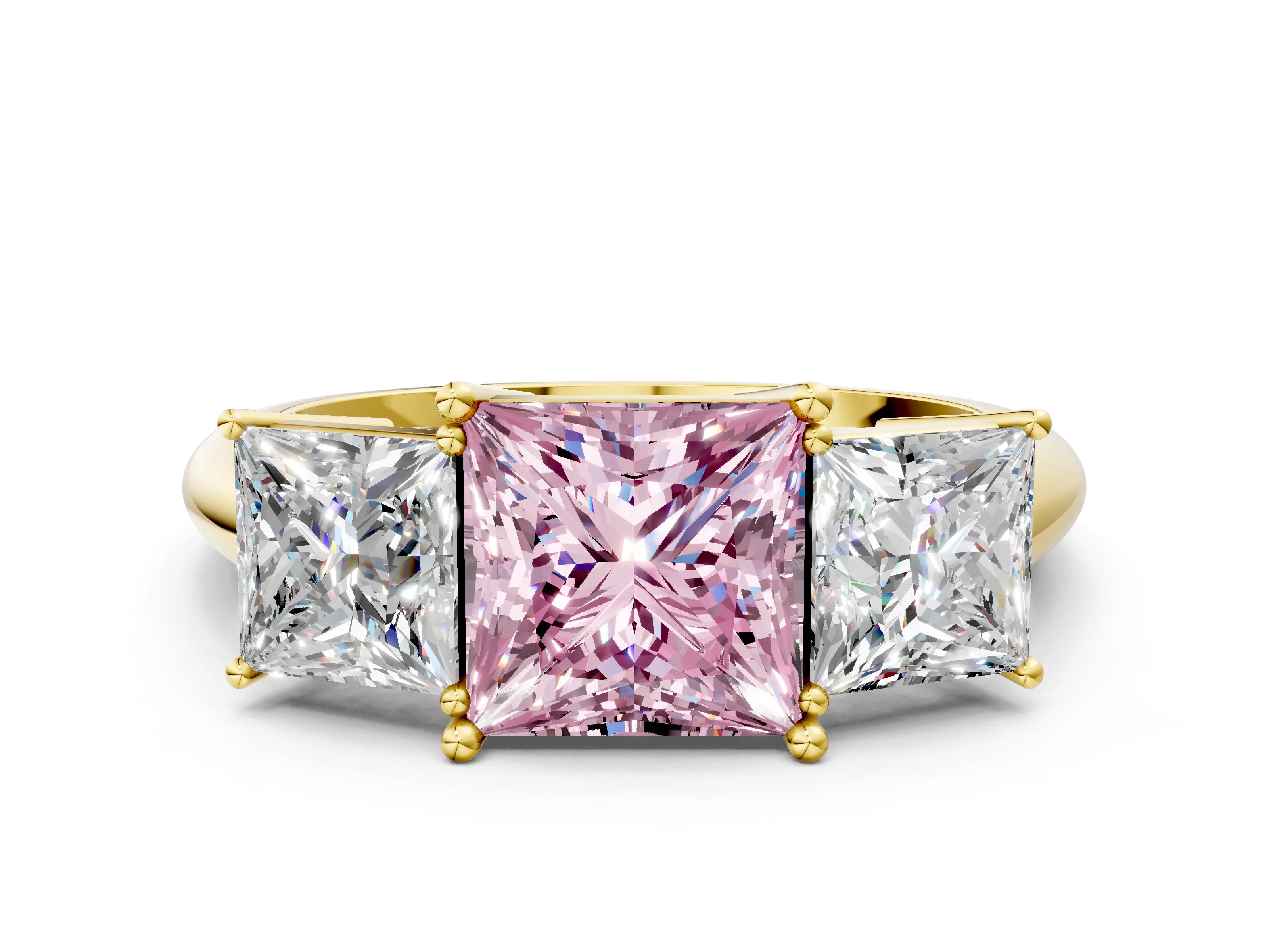 Yellow gold Three-Stone Fancy Pink Princess Cut Cut Diamond Engagement Ring with Prong Setting on a White Gold Band
