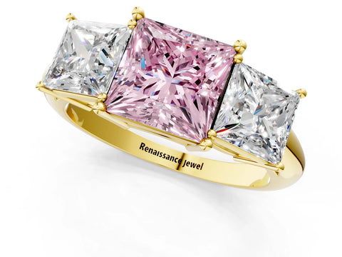 Yellow gold Three-Stone Fancy Pink Princess Cut Cut Diamond Engagement Ring with Prong Setting on a White Gold Band_1