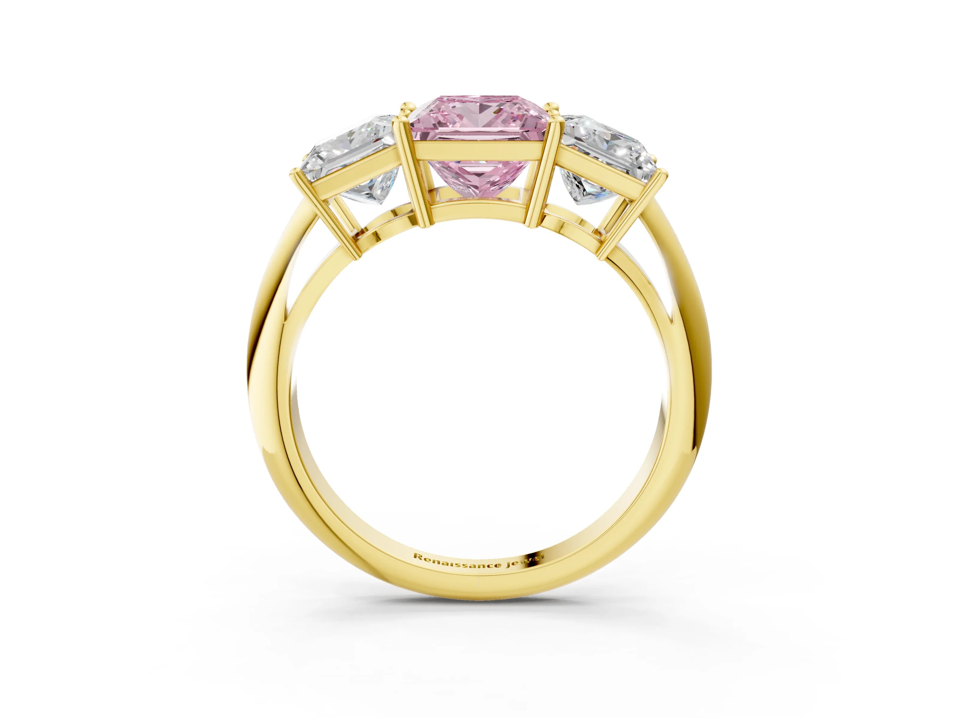 Yellow gold Three-Stone Fancy Pink Princess Cut Cut Diamond Engagement Ring with Prong Setting on a White Gold Band_3