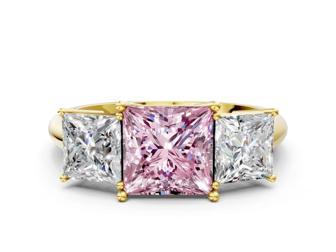 Yellow gold Three-Stone Fancy Pink Princess Cut Cut Diamond Engagement Ring with Prong Setting on a White Gold Band