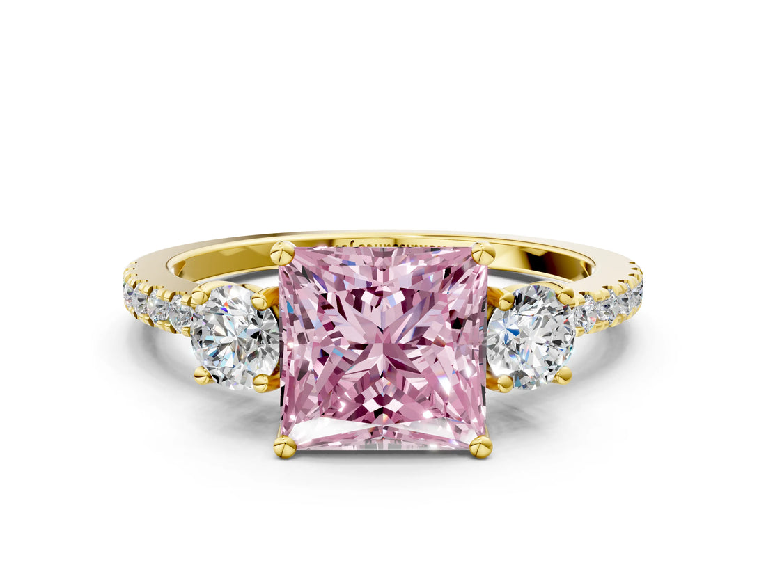 Yellow gold Three-Stone Fancy Pink Princess Cut Cut Diamond Pavé Band with Prong Setting_15