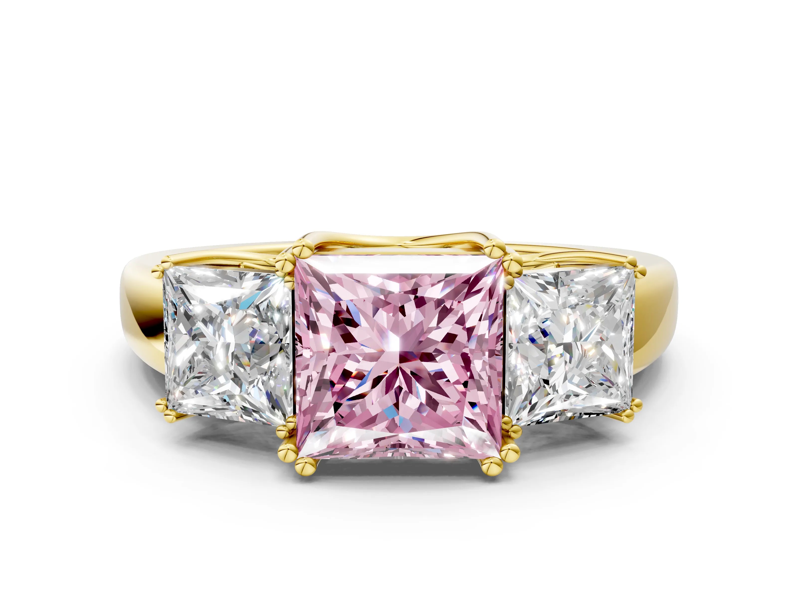 Yellow gold Three-Stone Fancy Pink Princess Cut Cut Diamond Ring with Channel Set Band and Four-Prong Setting