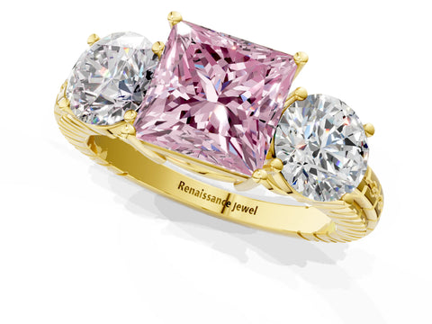 Yellow gold Three-Stone Fancy Pink Princess Cut Cut Diamond Ring with Channel-Set Band and Prong Setting_1