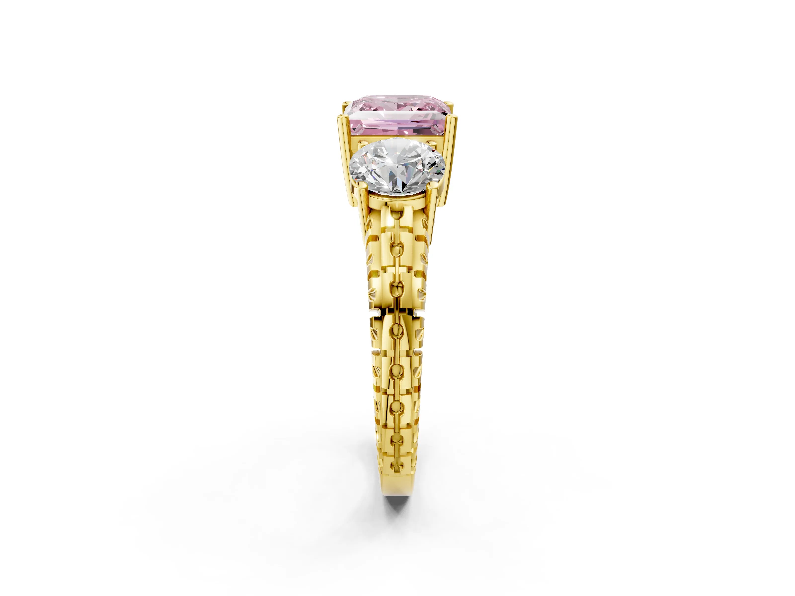 Yellow gold Three-Stone Fancy Pink Princess Cut Cut Diamond Ring with Channel-Set Band and Prong Setting_2