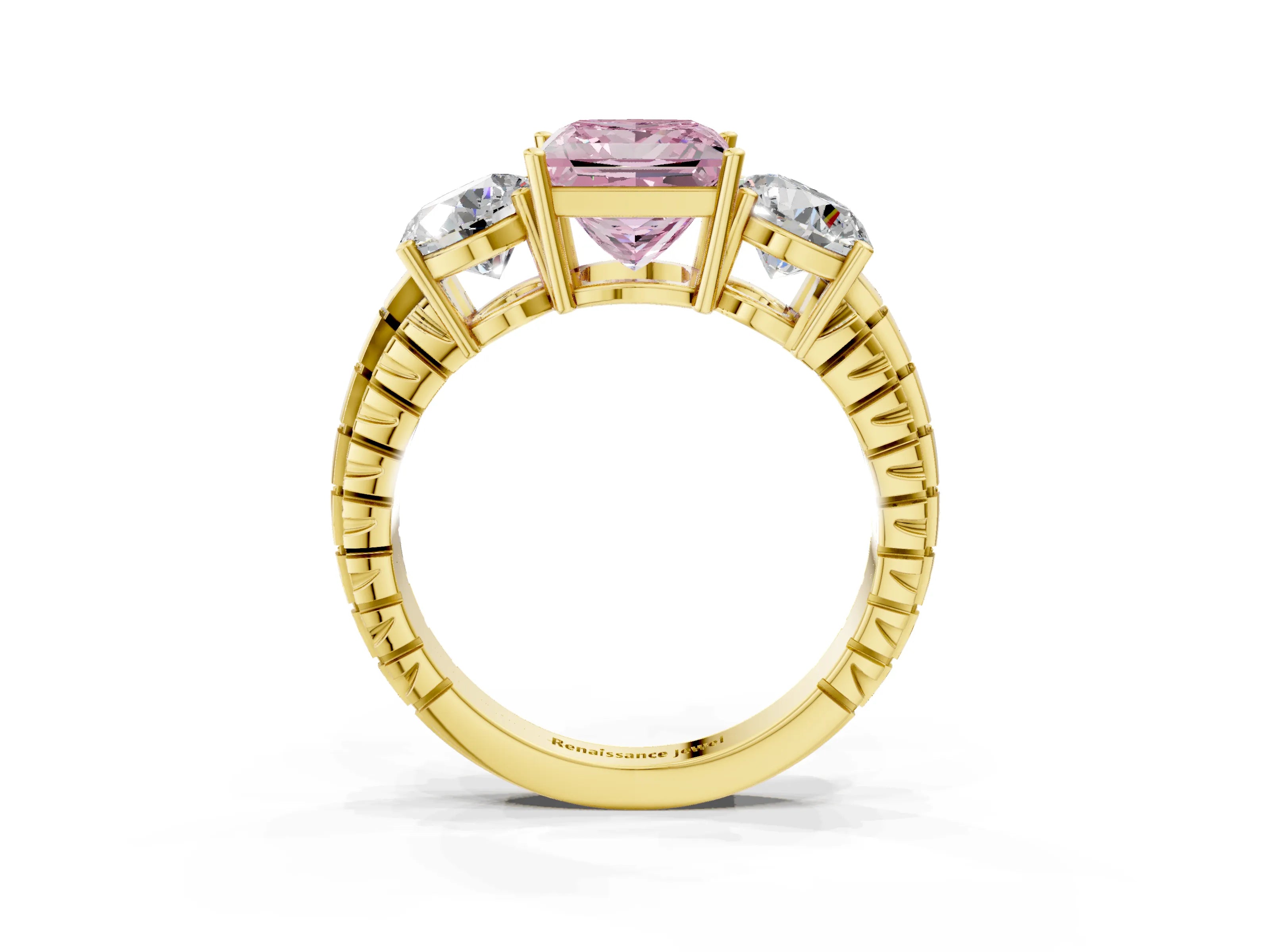 Yellow gold Three-Stone Fancy Pink Princess Cut Cut Diamond Ring with Channel-Set Band and Prong Setting_3