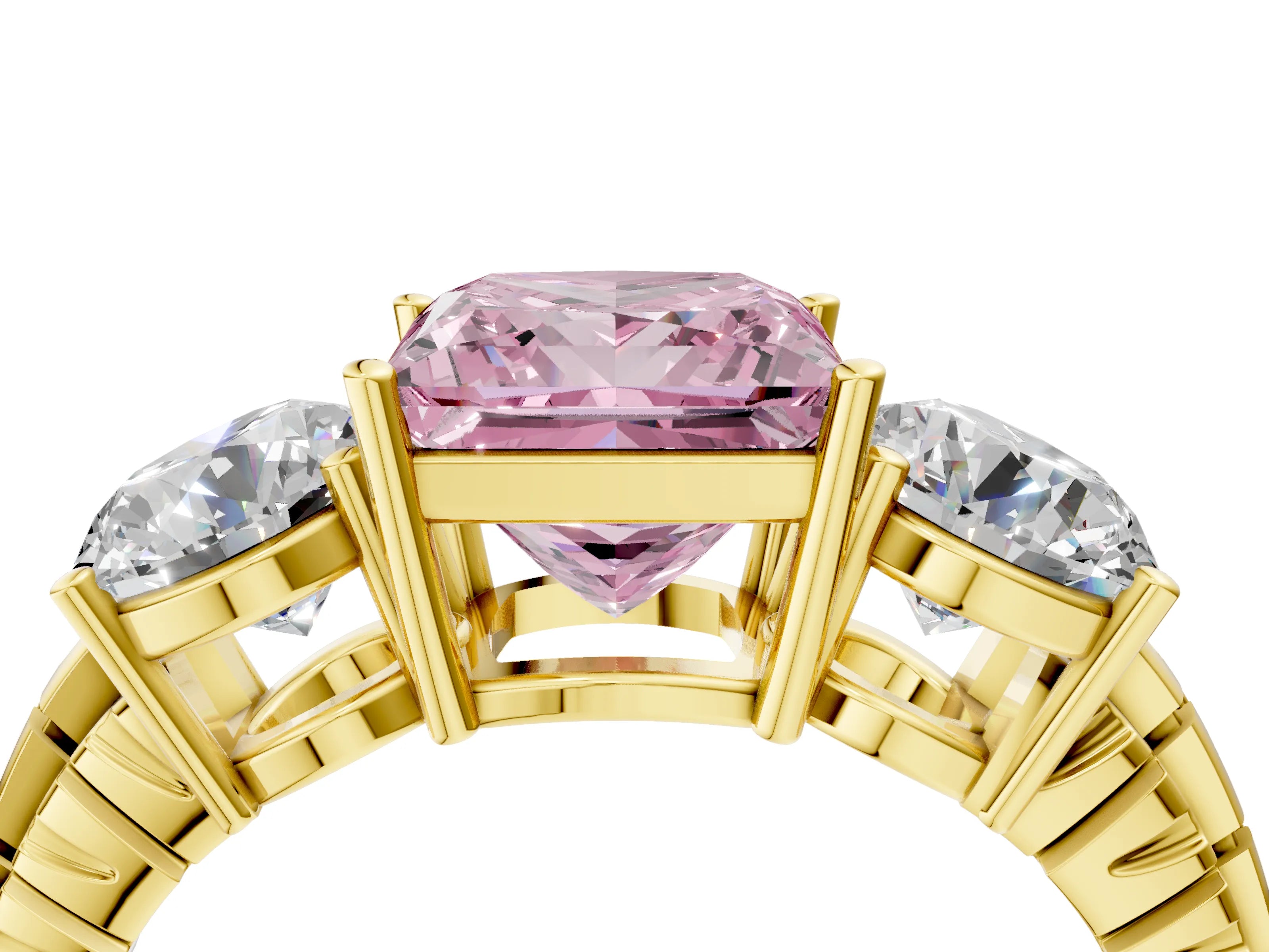 Yellow gold Three-Stone Fancy Pink Princess Cut Cut Diamond Ring with Channel-Set Band and Prong Setting_4