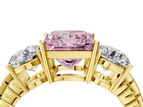 Yellow gold Three-Stone Fancy Pink Princess Cut Cut Diamond Ring with Channel-Set Band and Prong Setting_4