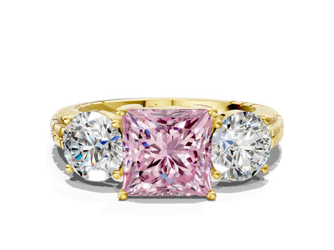 Yellow gold Three-Stone Fancy Pink Princess Cut Cut Diamond Ring with Channel-Set Band and Prong Setting