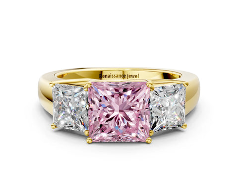 Yellow gold Three-Stone Fancy Pink Princess Cut Cut Diamond Ring with Prong Setting and Classic Band