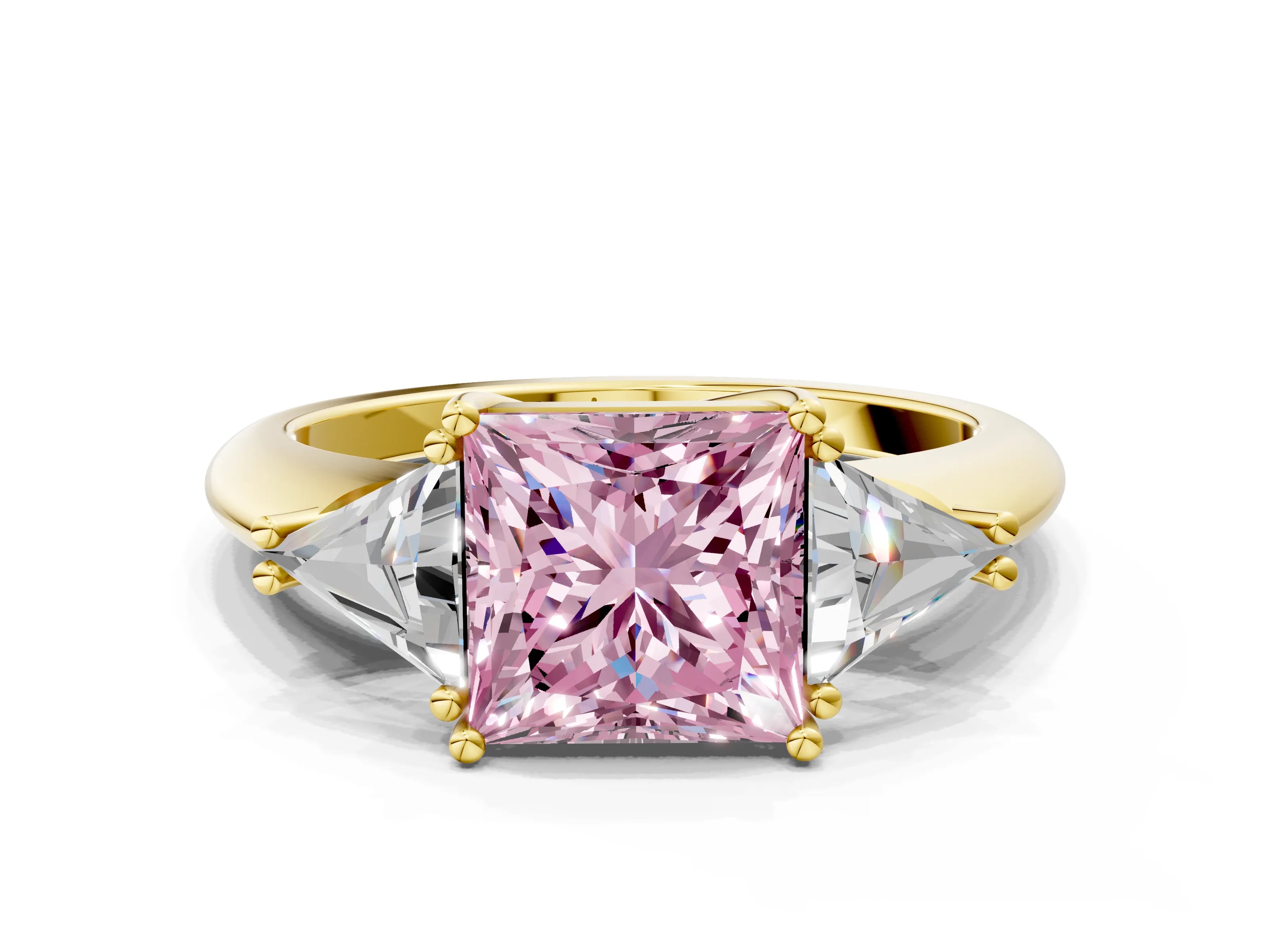 Yellow gold Three-Stone Fancy Pink Princess Cut Cut Diamond Ring with Trillion Side Stones and Four-Prong Setting_3