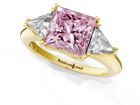 Yellow gold Three-Stone Fancy Pink Princess Cut Cut Diamond Ring with Trillion Side Stones and Four-Prong Setting_4