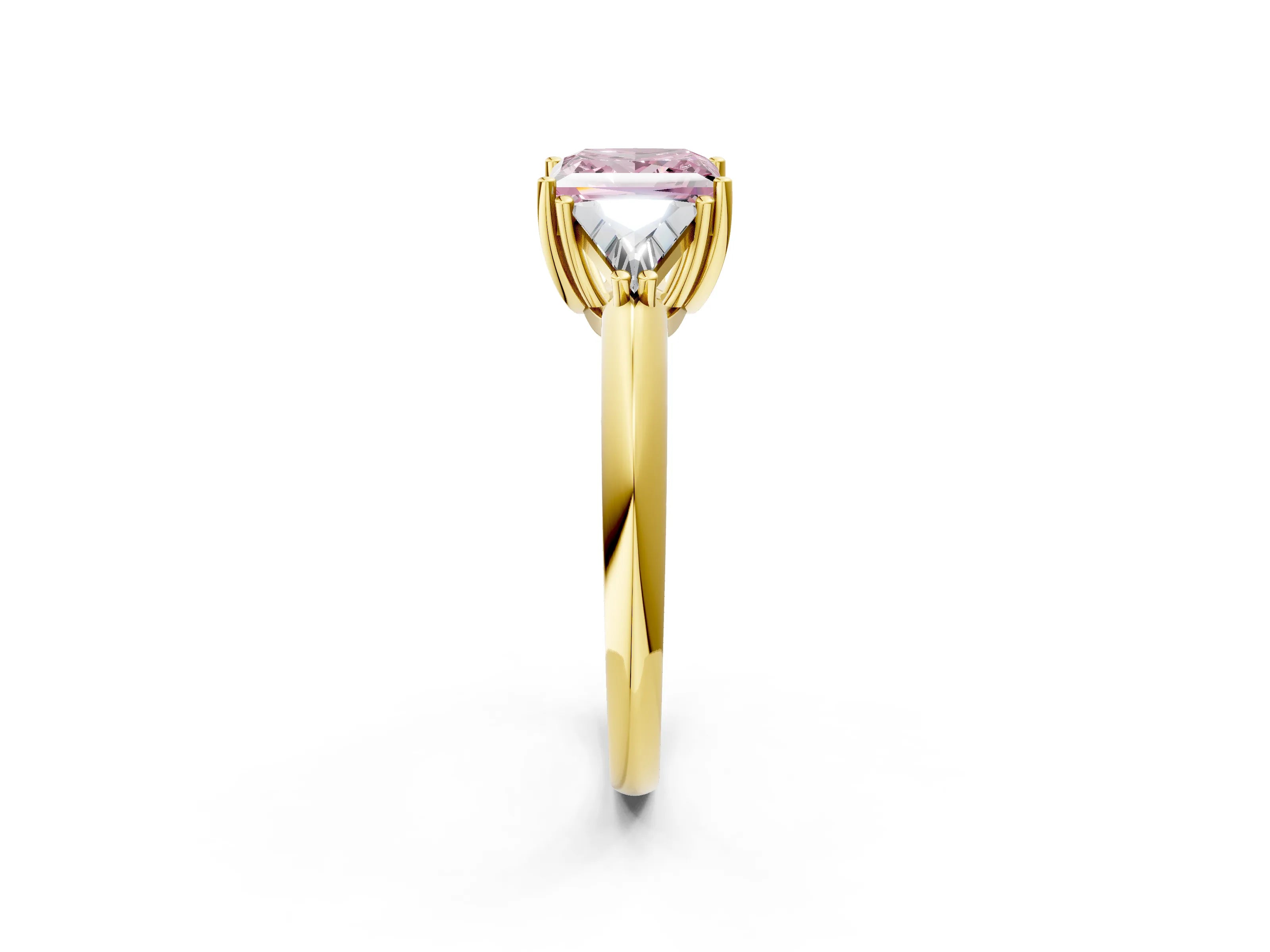 Yellow gold Three-Stone Fancy Pink Princess Cut Cut Diamond Ring with Trillion Side Stones and Four-Prong Setting_5