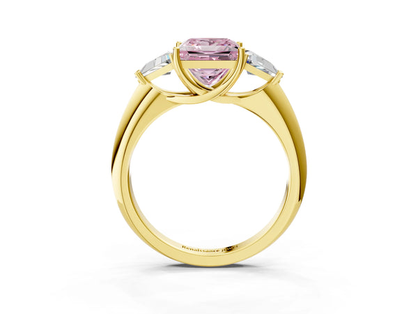 Yellow gold Three-Stone Fancy Pink Princess Cut Cut Diamond Ring with Trillion Side Stones and Four-Prong Setting