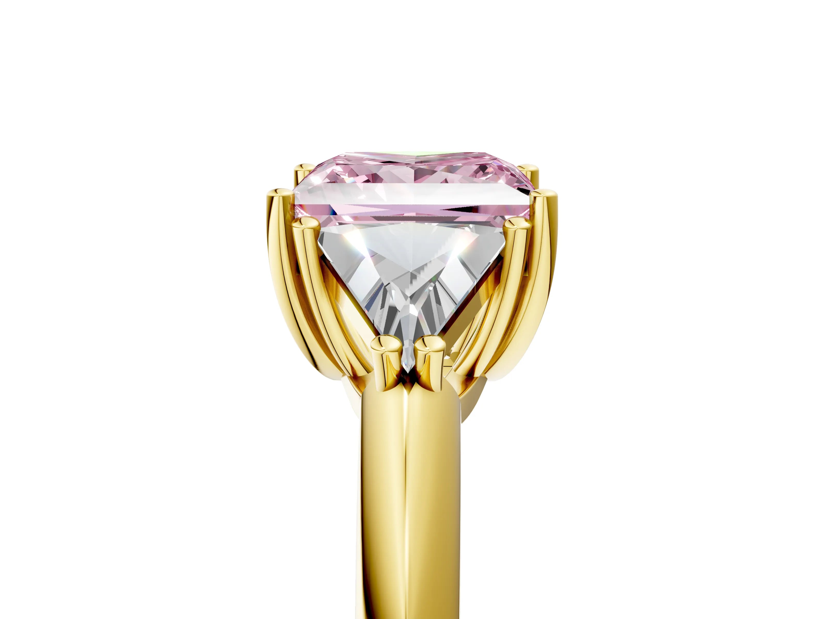 Yellow gold Three-Stone Fancy Pink Princess Cut Cut Diamond Ring with Trillion Side Stones and Four-Prong Setting_8