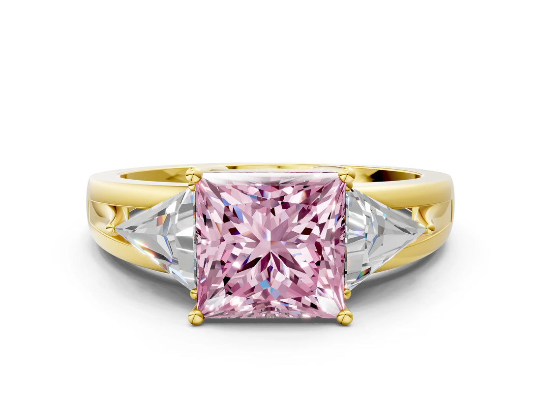Yellow gold Three-Stone Fancy Pink Princess Cut Cut Diamond Ring with Trillion Side Stones on a Split Shank Band