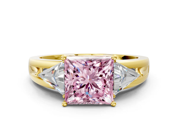 Yellow Gold Princess Cut Split Shank Three Stone Engagement Ring Setting for Fancy Pink Center