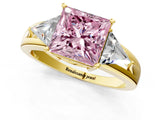 Yellow gold Three-Stone Fancy Pink Princess Cut Cut Diamond Ring with Trillion Side Stones on a Split Shank Band_1