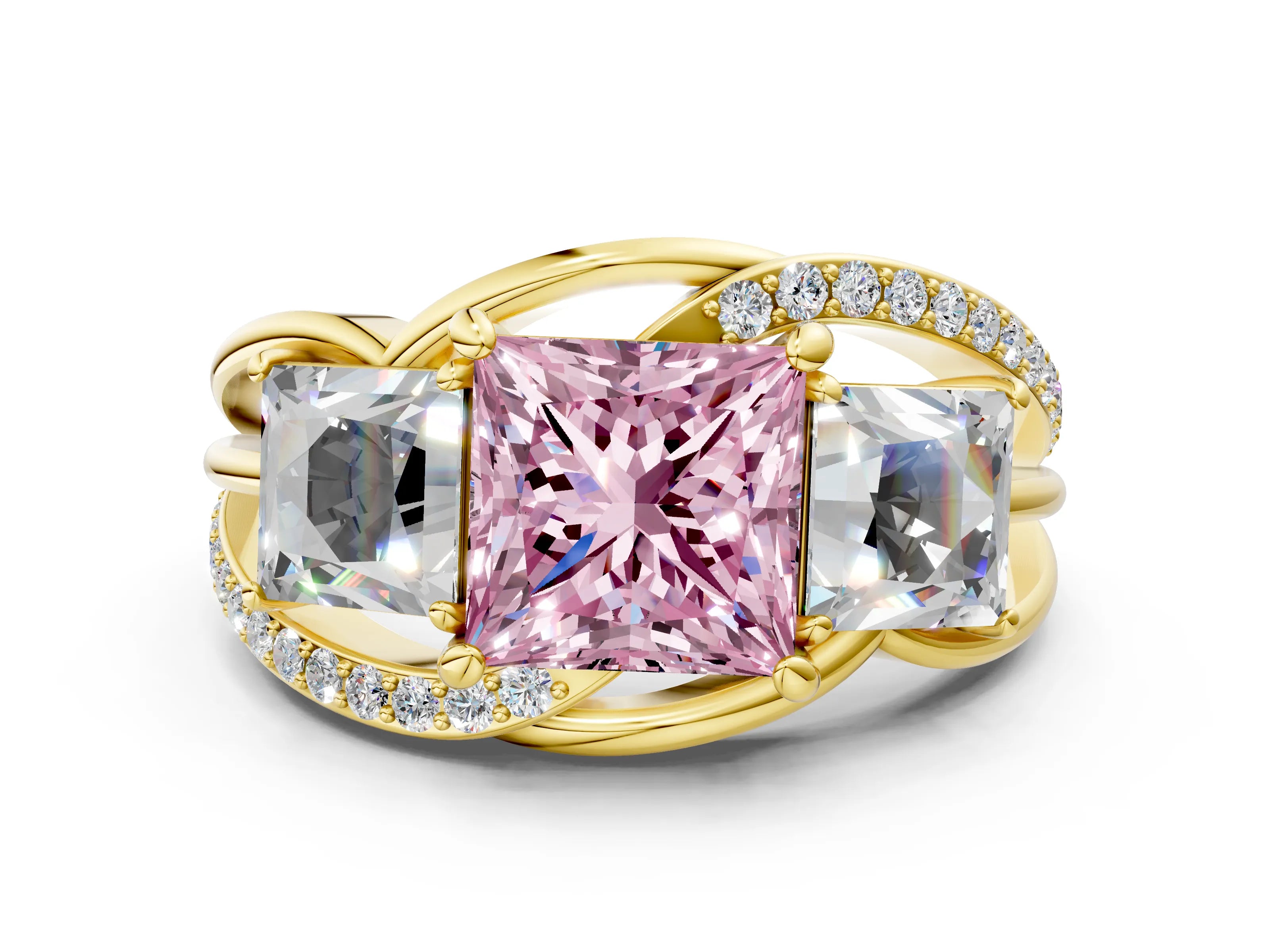 Yellow gold Three-Stone Fancy Pink Princess Cut Cut Diamond Split Shank Prong Set Ring_12