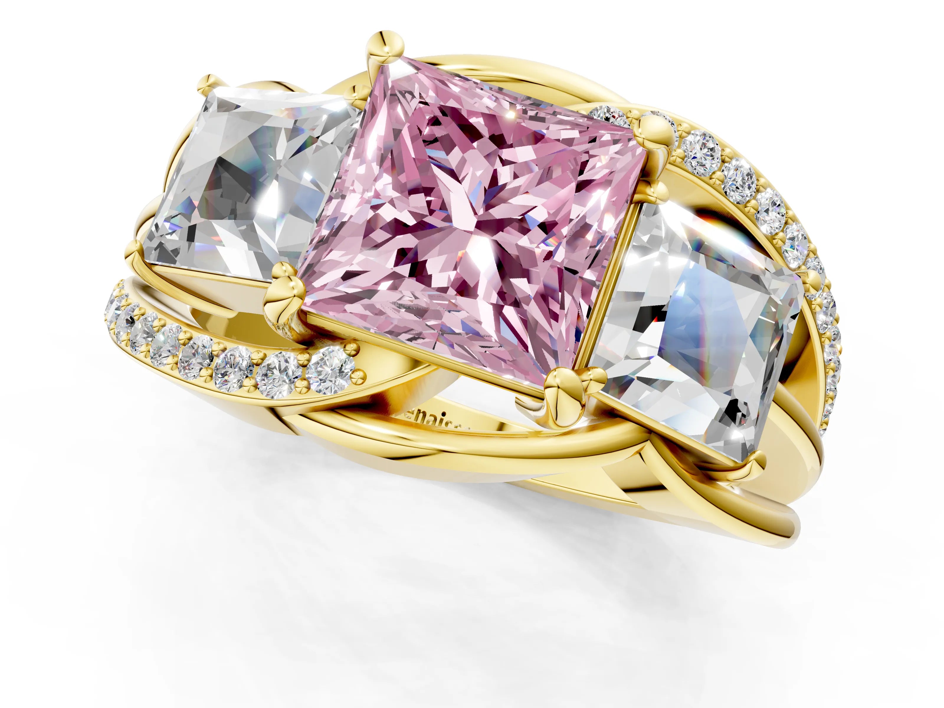 Yellow gold Three-Stone Fancy Pink Princess Cut Cut Diamond Split Shank Prong Set Ring_13