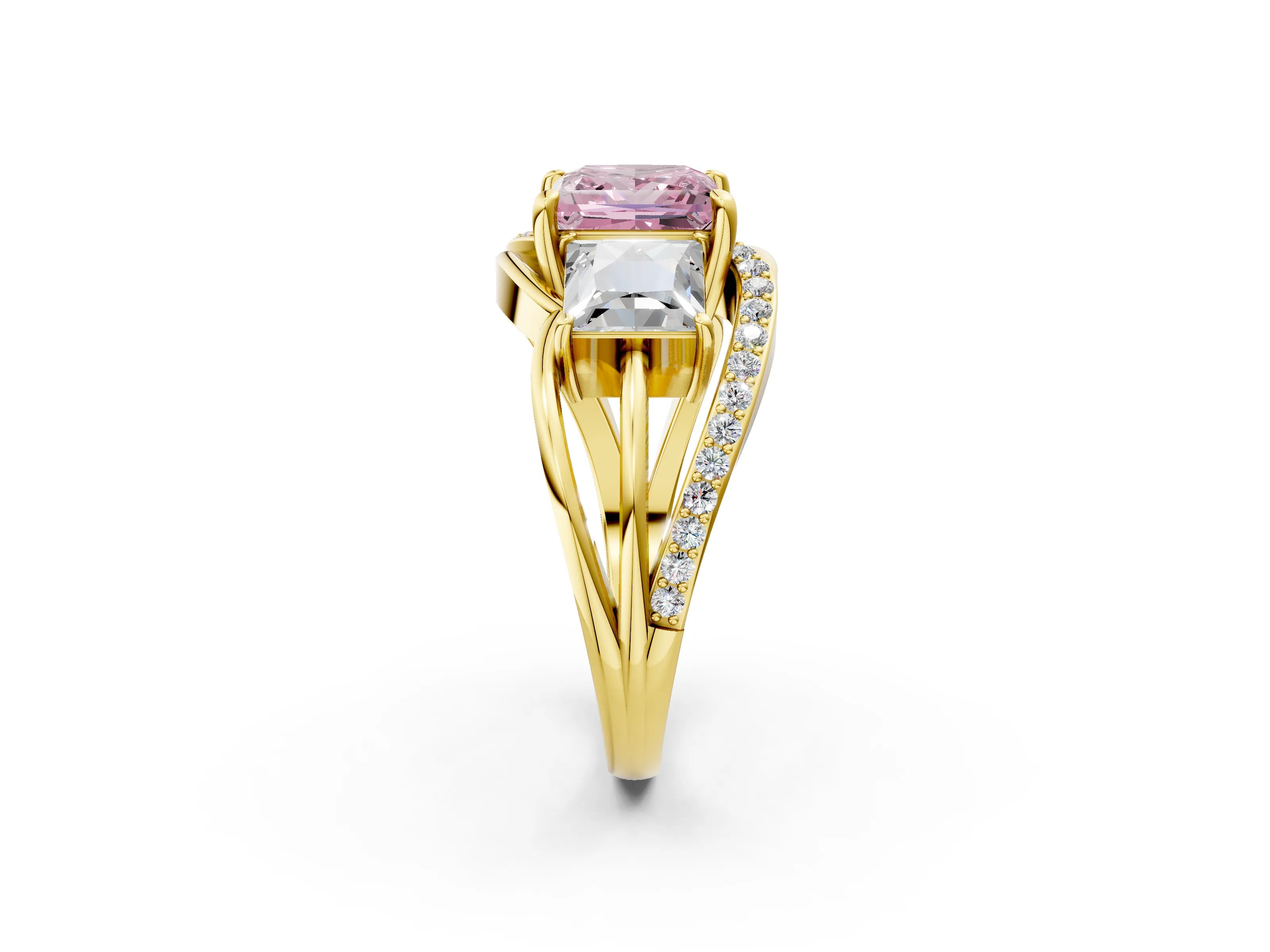Yellow gold Three-Stone Fancy Pink Princess Cut Cut Diamond Split Shank Prong Set Ring_14