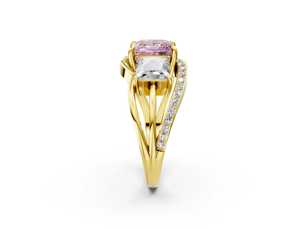 Yellow Gold Princess Cut Three Stone Split Shank Engagement Ring Setting for Fancy Pink Center