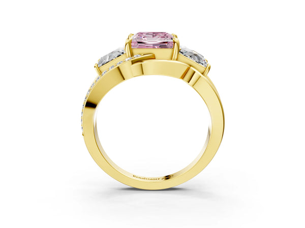 Yellow Gold Princess Cut Three Stone Split Shank Engagement Ring Setting for Fancy Pink Center