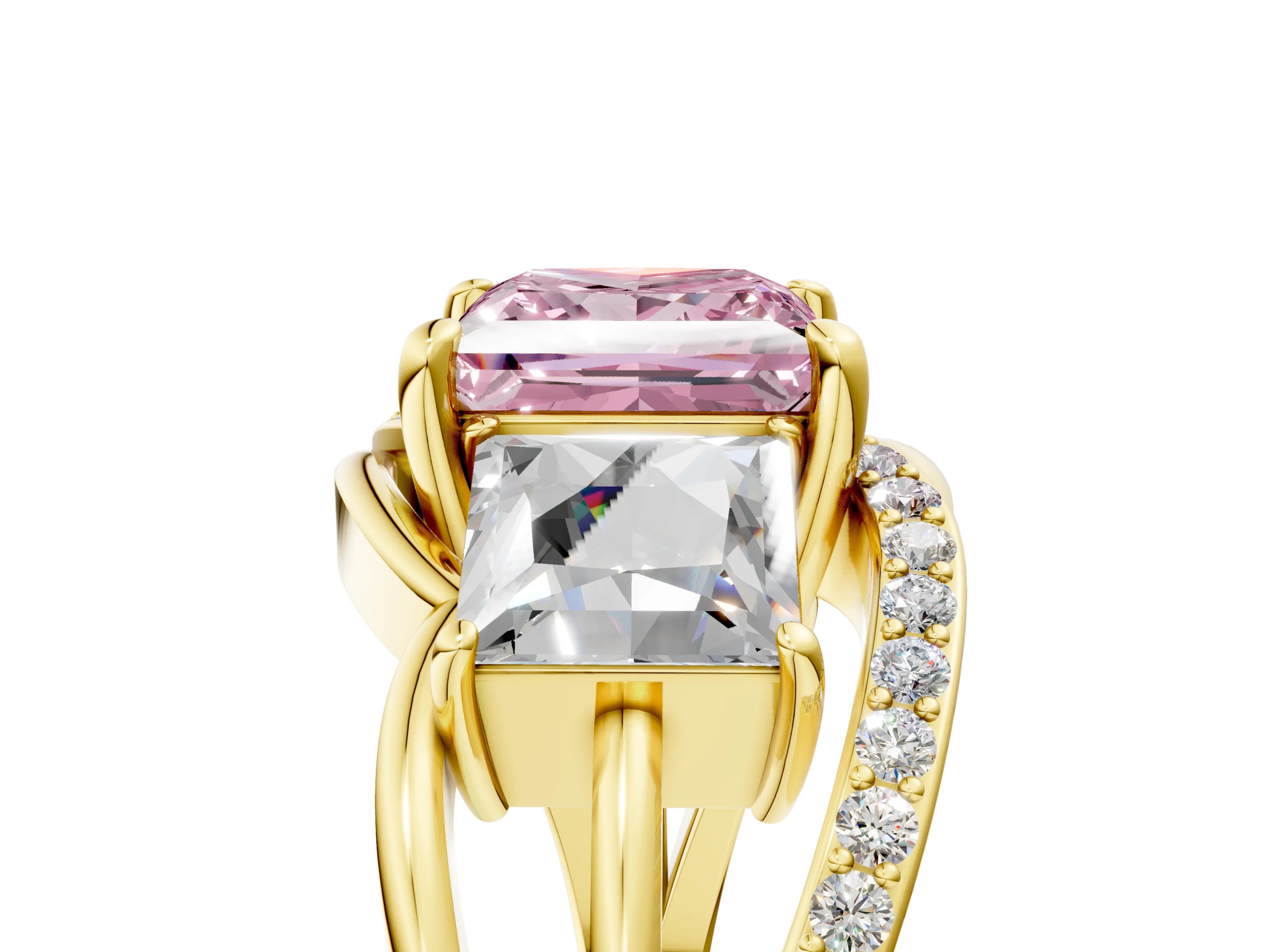Yellow gold Three-Stone Fancy Pink Princess Cut Cut Diamond Split Shank Prong Set Ring_17